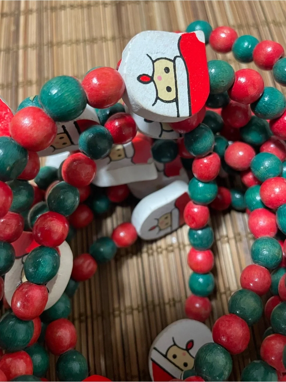 Vintage Christmas Wooden Bead Garland 11.5ft /138 Santa Claus Red Green Holiday